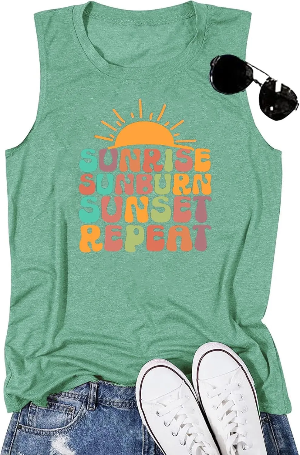 Sunrise Sunburn Sunset Repeat Tank Top for Women Summer Beach Sleeveless T Shirt Casual Graphic Vacation Tops