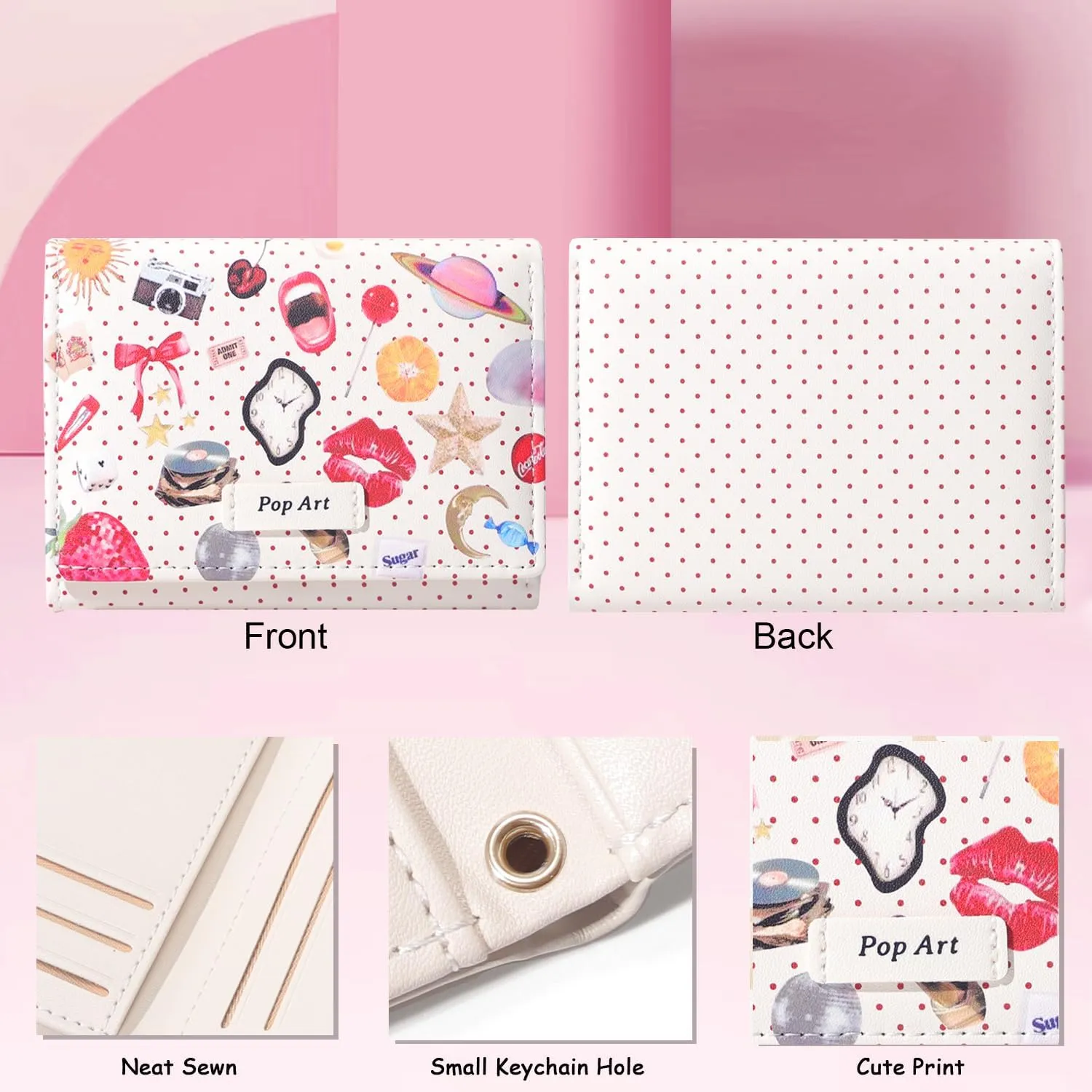 Sunwel Fashion Girls Retro Pop-art Prints Cute Bow Wallet Small Wallet Card Holder ID Window for Women (CREAM)