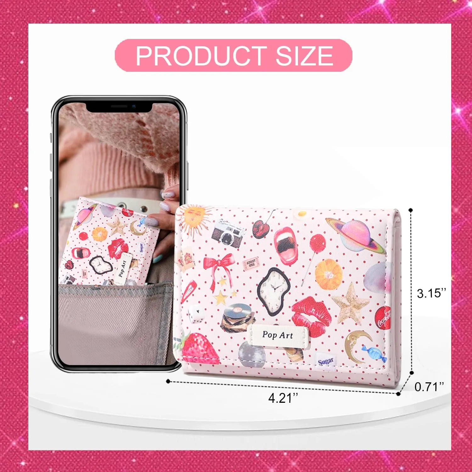 Sunwel Fashion Girls Retro Pop-art Prints Cute Bow Wallet Small Wallet Card Holder ID Window for Women (PINK)