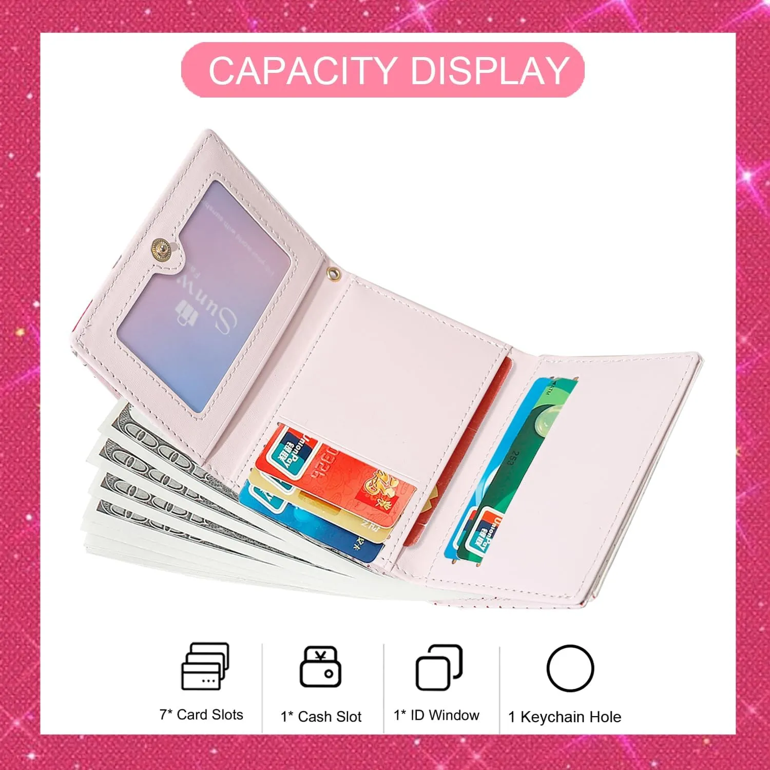 Sunwel Fashion Girls Retro Pop-art Prints Cute Bow Wallet Small Wallet Card Holder ID Window for Women (PINK)