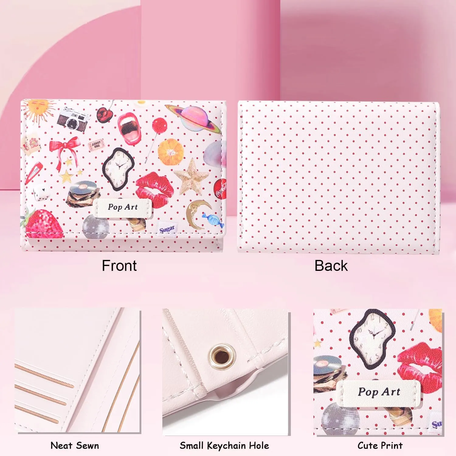 Sunwel Fashion Girls Retro Pop-art Prints Cute Bow Wallet Small Wallet Card Holder ID Window for Women (PINK)