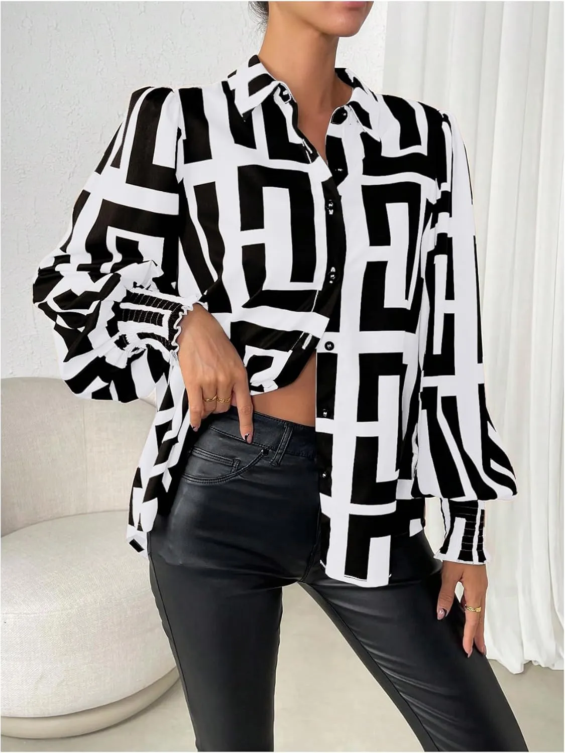 SweatyRocks Women's Graphic Print Long Lantern Sleeve Collar Neck Button Front Blouse Shirt Top