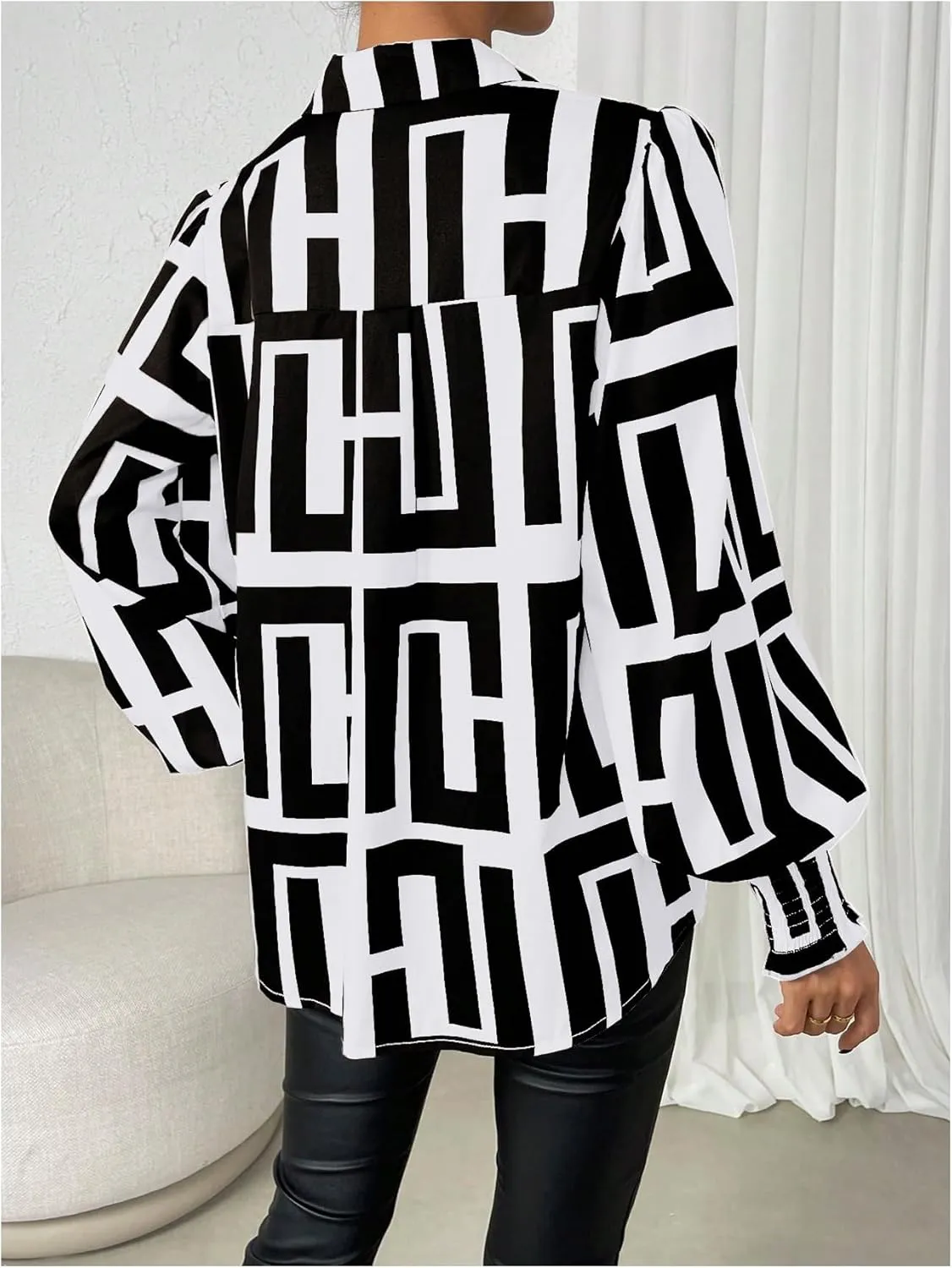 SweatyRocks Women's Graphic Print Long Lantern Sleeve Collar Neck Button Front Blouse Shirt Top