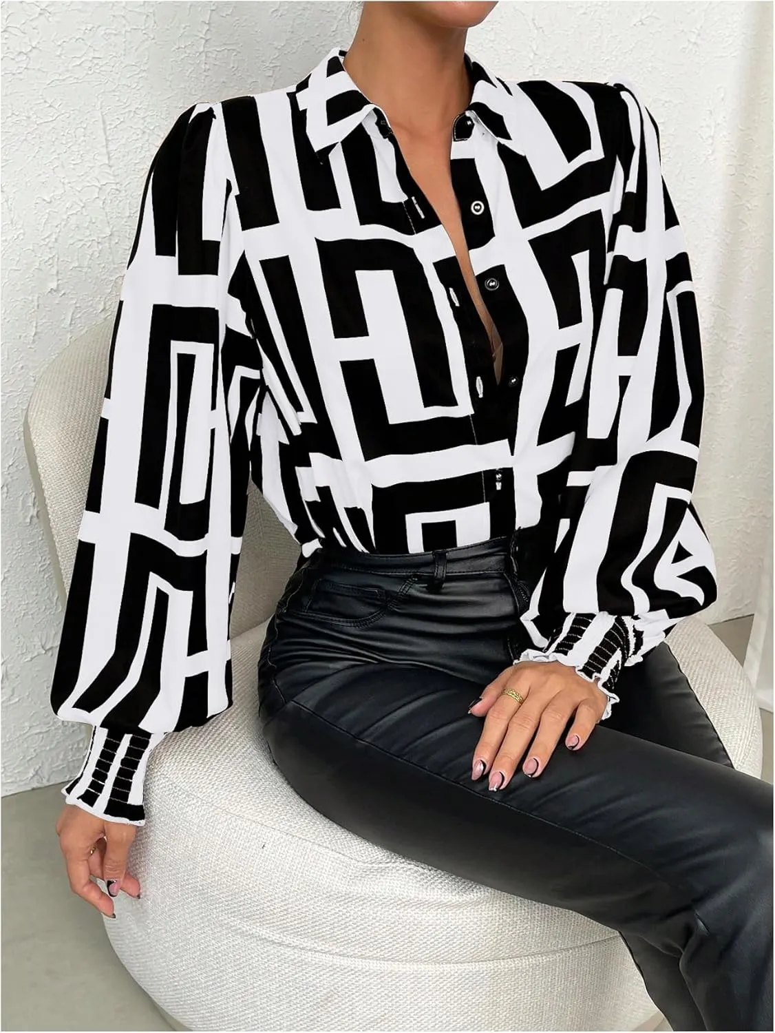 SweatyRocks Women's Graphic Print Long Lantern Sleeve Collar Neck Button Front Blouse Shirt Top