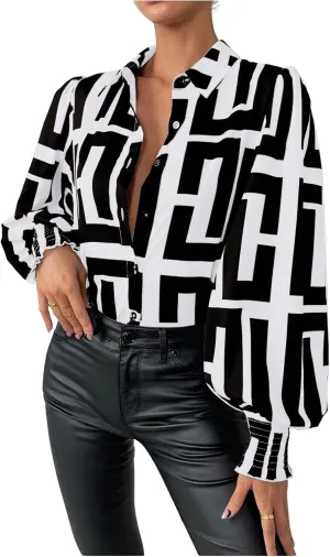 SweatyRocks Women's Graphic Print Long Lantern Sleeve Collar Neck Button Front Blouse Shirt Top