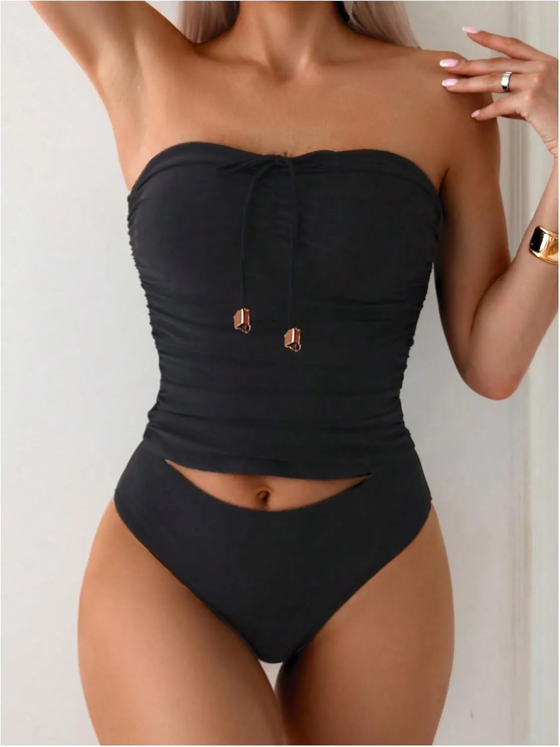 SweatyRocks Women's Swimsuit Ruched Strapless Bandeau Bikini Sets 2 Piece Bathing Suit
