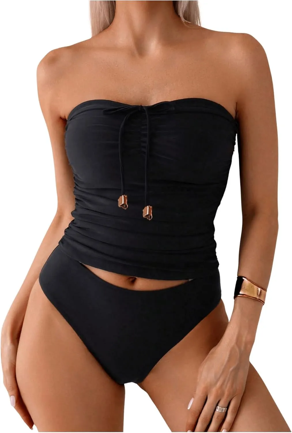 SweatyRocks Women's Swimsuit Ruched Strapless Bandeau Bikini Sets 2 Piece Bathing Suit