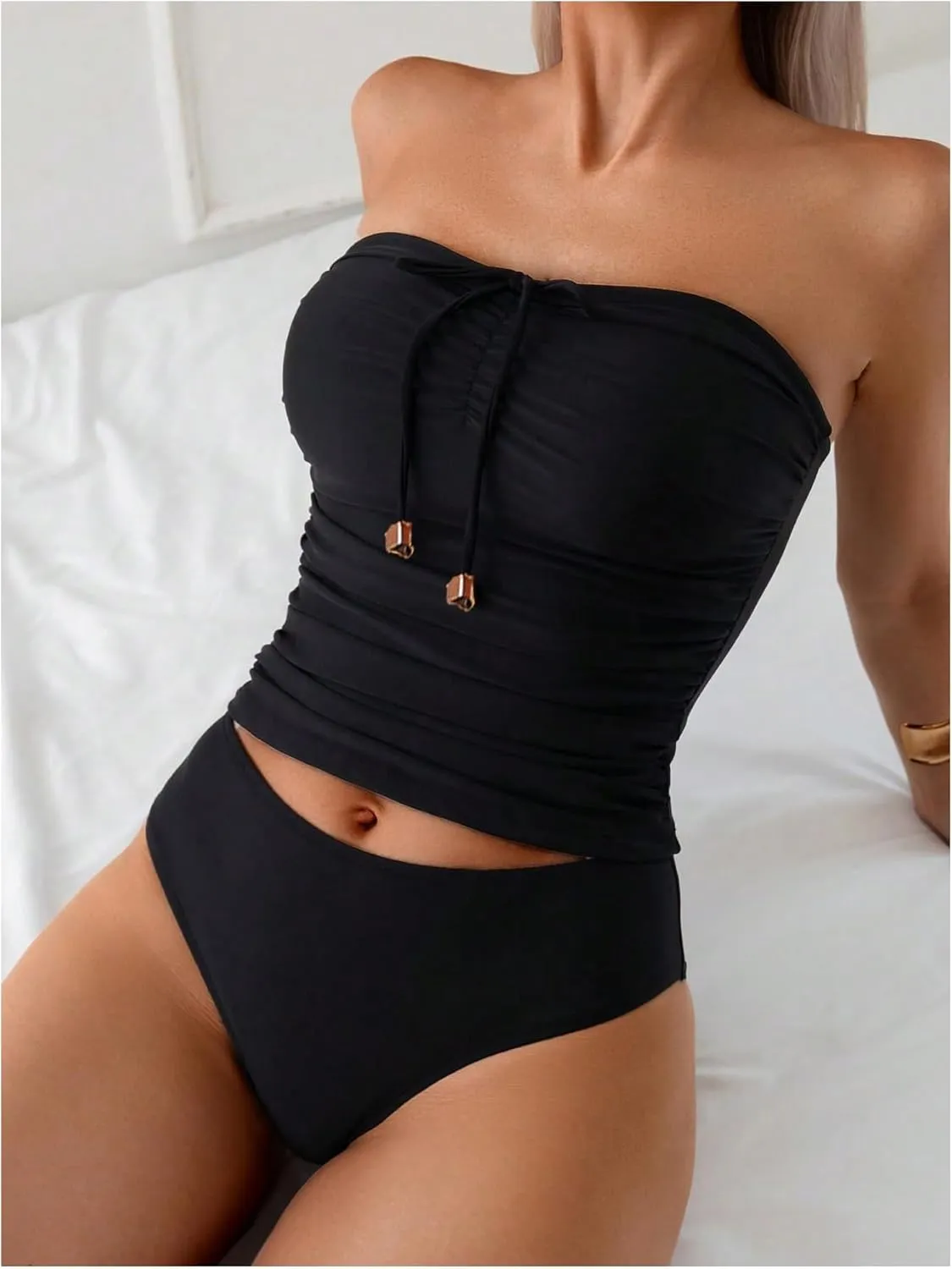 SweatyRocks Women's Swimsuit Ruched Strapless Bandeau Bikini Sets 2 Piece Bathing Suit