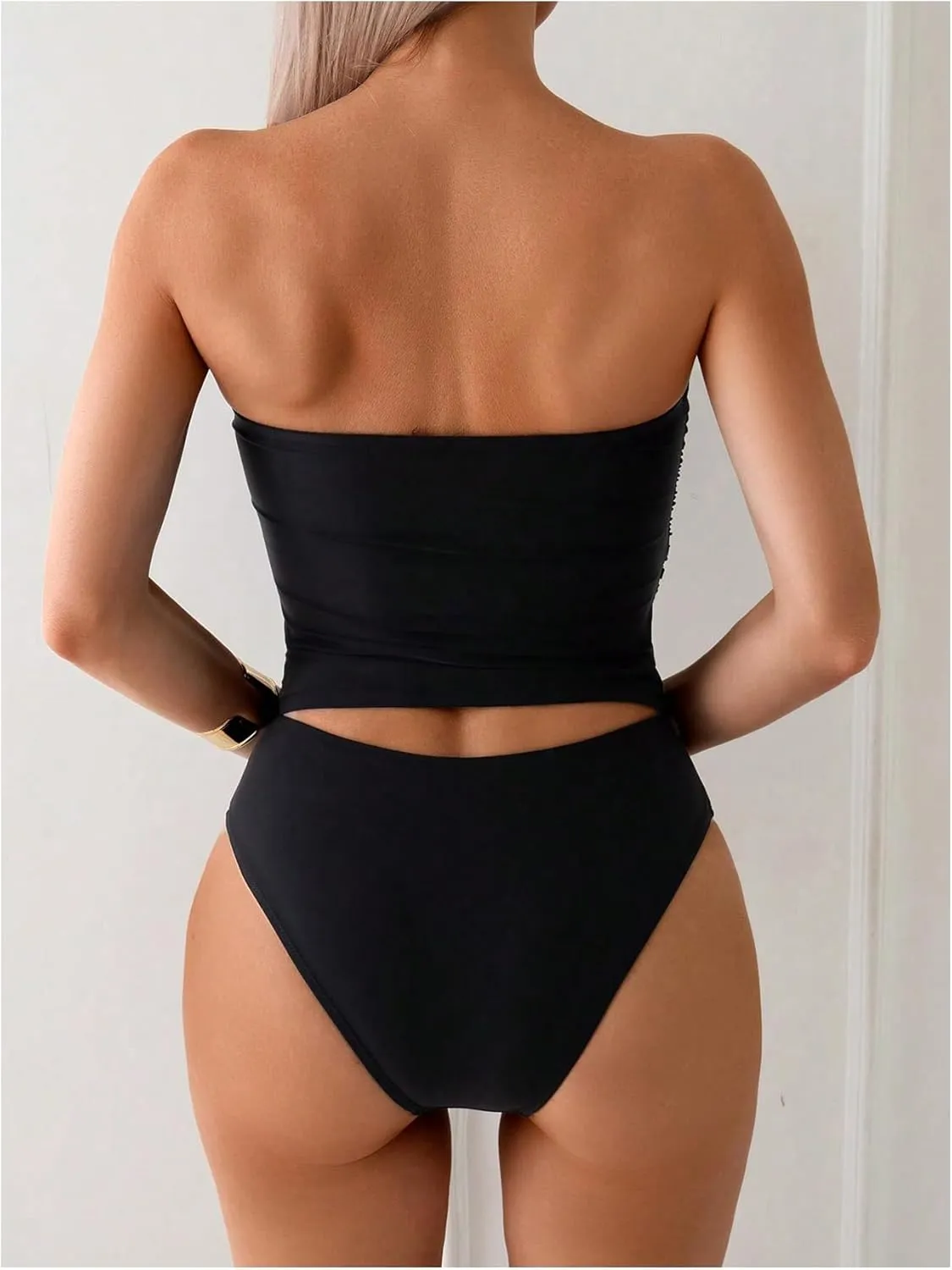 SweatyRocks Women's Swimsuit Ruched Strapless Bandeau Bikini Sets 2 Piece Bathing Suit