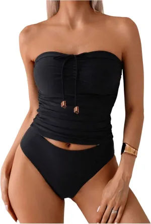 SweatyRocks Women's Swimsuit Ruched Strapless Bandeau Bikini Sets 2 Piece Bathing Suit
