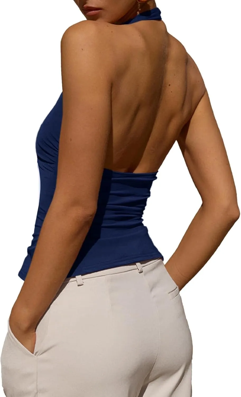 Tankaneo Womens Sexy Scoop Neck Halter Tops Backless Ruched Knit Tank Tops Summer Sleeveless Fitted Going Out Shirts