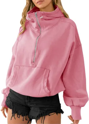 TBA Oversized Half Zip Drawstring Hoodies for Women Pink
