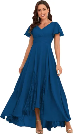 Tea Length Mother of The Bride Dresses Chiffon Ruched Evening Dress Lace A Line High Low Bridesmaid Dresses