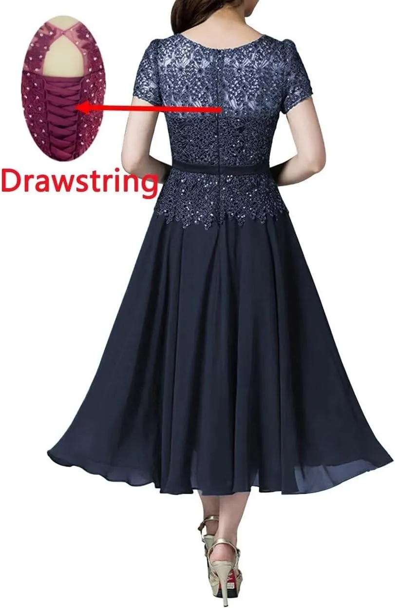 Tea Length Mother of The Bride Dresses with Sleeves Laces Appliques Beaded Mother of The Groom Dresses for Wedding