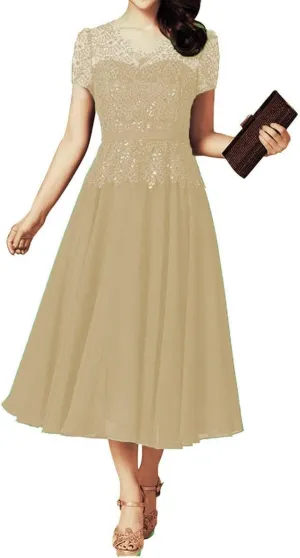 Tea Length Mother of The Bride Dresses with Sleeves Laces Appliques Beaded Mother of The Groom Dresses for Wedding