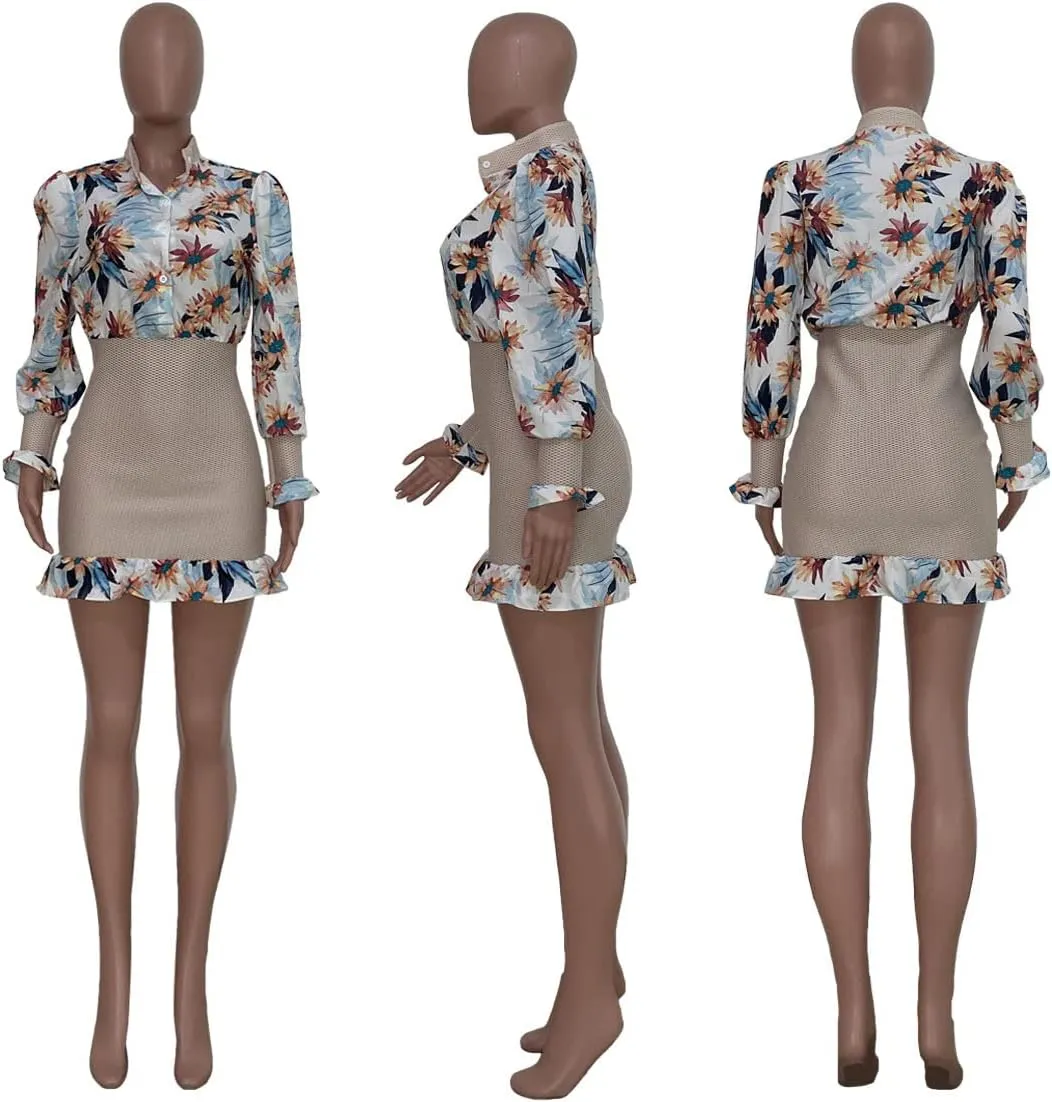 THLAI Floral Dress for Women Sexy Button Down Floral Long Sleeve Shirt Bodycon Mini Skirt Sets Ruffle Elegant Dress