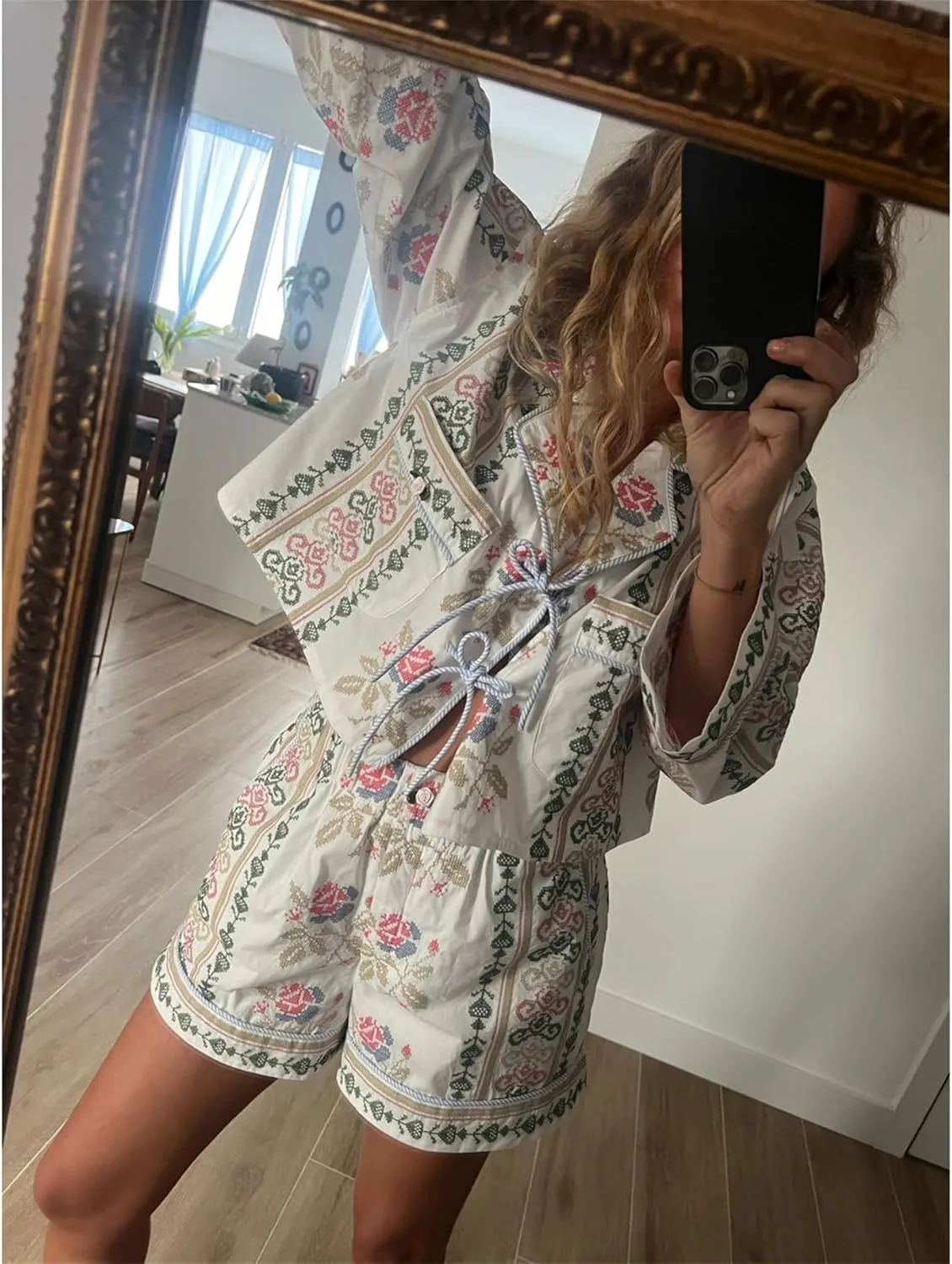 Thopavenoir Women's 2 Piece Floral/Stripe Print Pajamas Sets Long Sleeve Tie Front Shirt   Wide Leg Shorts Outfits Sleepwear