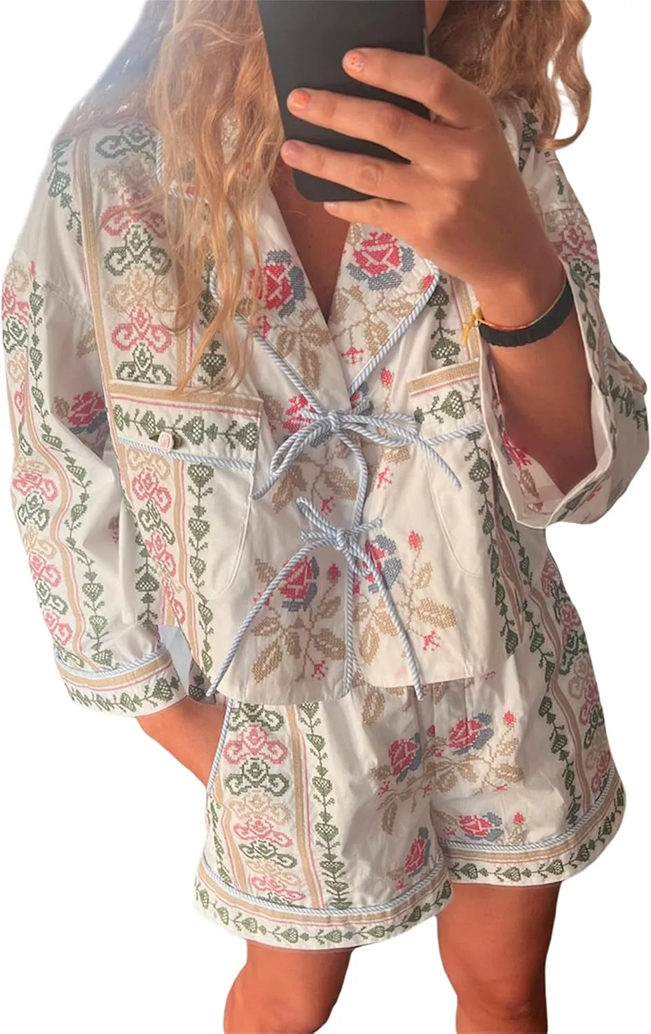 Thopavenoir Women's 2 Piece Floral/Stripe Print Pajamas Sets Long Sleeve Tie Front Shirt   Wide Leg Shorts Outfits Sleepwear