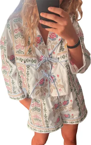 Thopavenoir Women's 2 Piece Floral/Stripe Print Pajamas Sets Long Sleeve Tie Front Shirt   Wide Leg Shorts Outfits Sleepwear