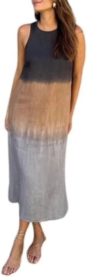 TIAFORD Women Cotton Linen Sleeveless Boho Maxi Dress Summer Crewneck Slit Loose Beach Flowy Long Shift Tank Sun Dress