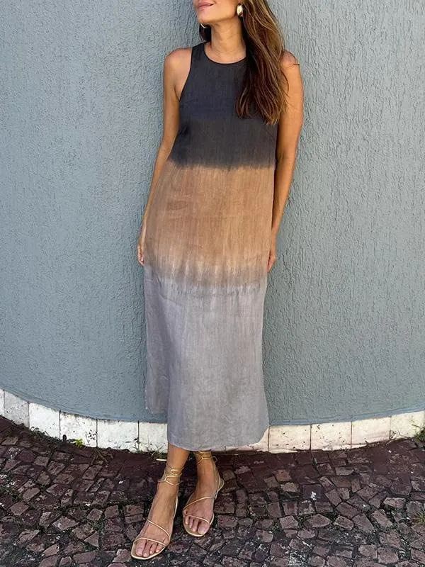 TIAFORD Women Cotton Linen Sleeveless Boho Maxi Dress Summer Crewneck Slit Loose Beach Flowy Long Shift Tank Sun Dress
