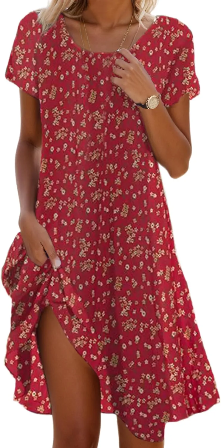 TIAFORD Women's Boho Floral Print Short Sleeve Dress Casual Summer Flowy A Line Swing Beach Vacation Midi Dresses