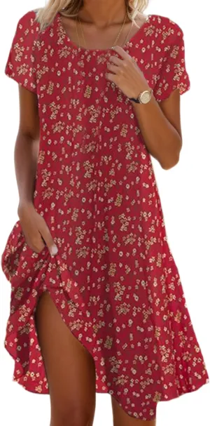 TIAFORD Women's Boho Floral Print Short Sleeve Dress Casual Summer Flowy A Line Swing Beach Vacation Midi Dresses