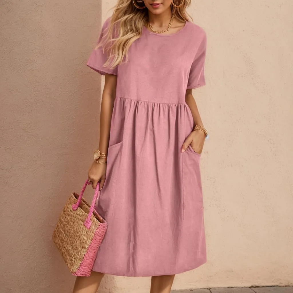 TIAFORD Women's Crew Neck Baggy Comfy Cotton Linen Dress Plus Size Short Sleeve Linen Beach Midi Dress with Pockets
