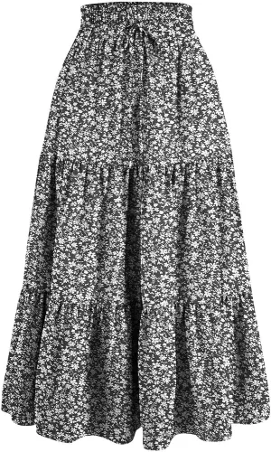 Tiered Maxi Skirts for Women Comfy Elastic High Waisted Summer Cover Ups Ruffle Hem Flowy Swing Long Skorts