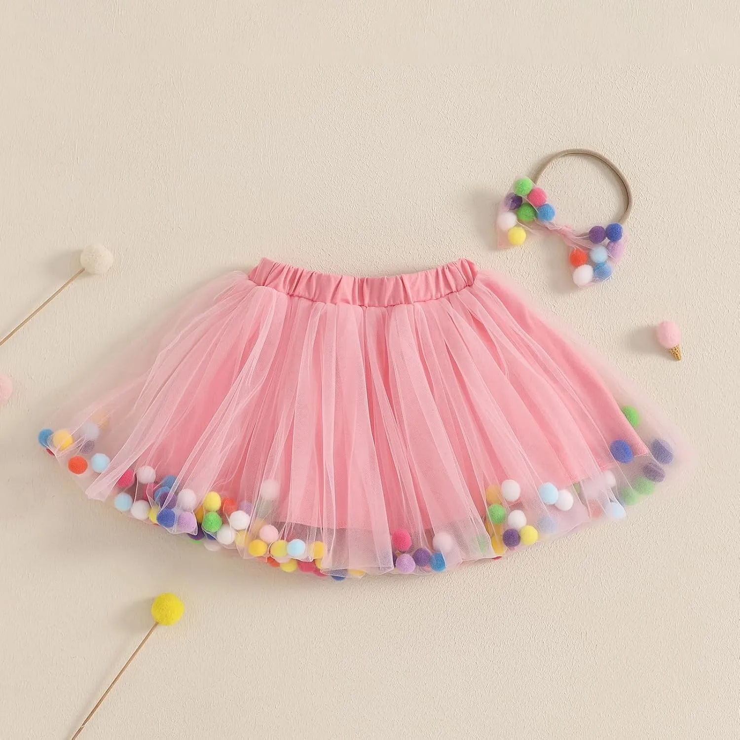 Toddler Girl Tutu Skirt Colorful Floating Pom Poms Tulle Skirts Headband Birthday Tutu Outfit Princess Ballet Dress