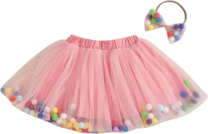 Toddler Girl Tutu Skirt Colorful Floating Pom Poms Tulle Skirts Headband Birthday Tutu Outfit Princess Ballet Dress