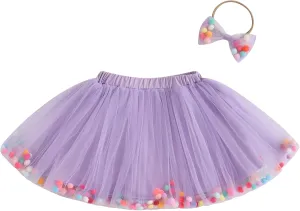 Toddler Girl Tutu Skirt Colorful Floating Pom Poms Tulle Skirts Headband Birthday Tutu Outfit Princess Ballet Dress