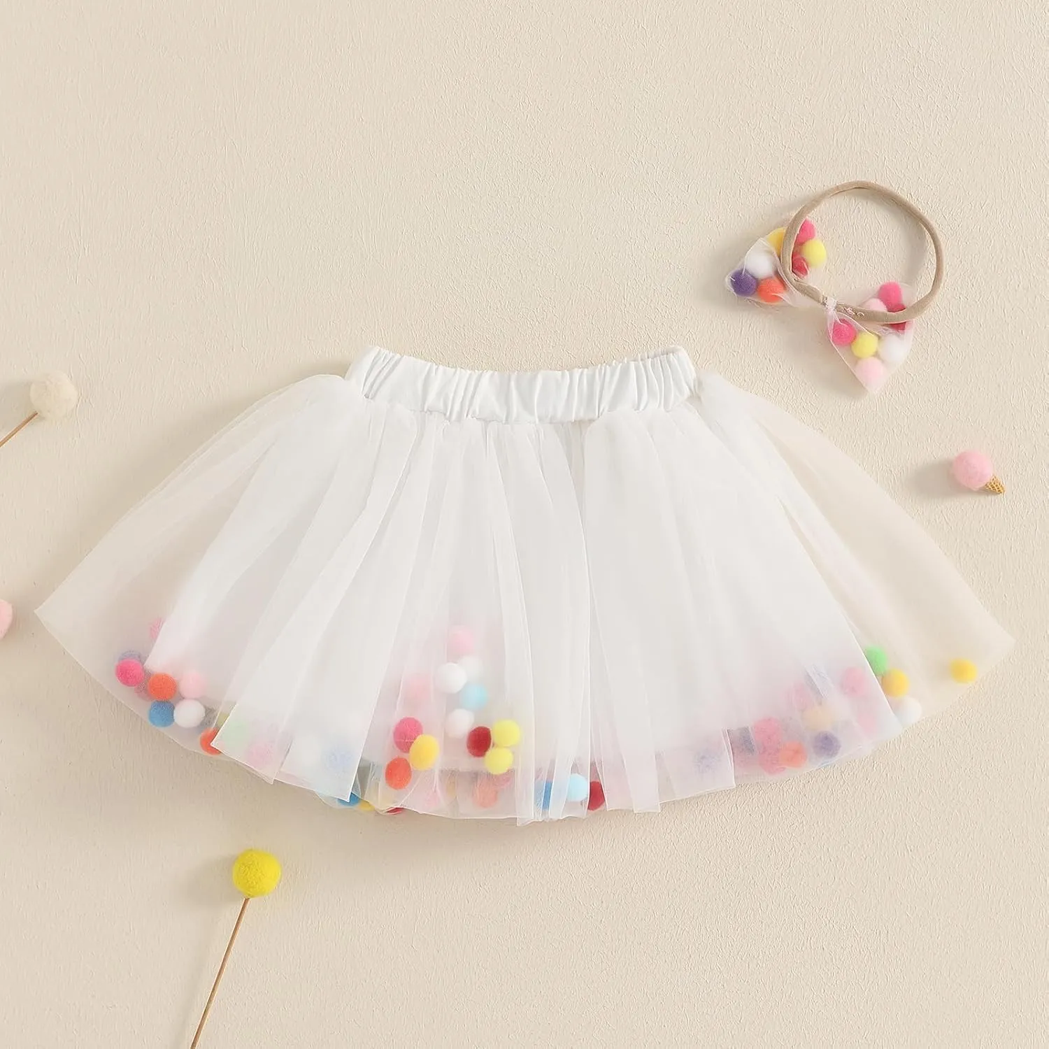 Toddler Girl Tutu Skirt Colorful Floating Pom Poms Tulle Skirts Headband Birthday Tutu Outfit Princess Ballet Dress