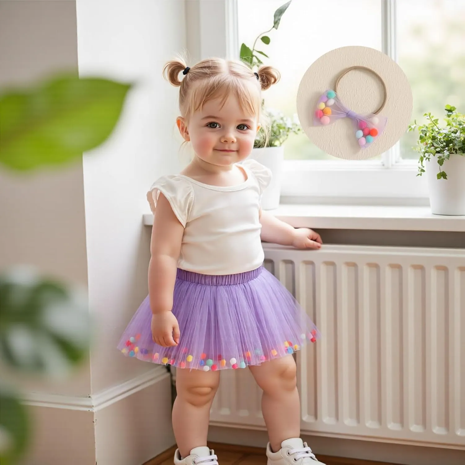 Toddler Girl Tutu Skirt Colorful Floating Pom Poms Tulle Skirts Headband Birthday Tutu Outfit Princess Ballet Dress