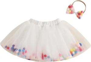 Toddler Girl Tutu Skirt Colorful Floating Pom Poms Tulle Skirts Headband Birthday Tutu Outfit Princess Ballet Dress