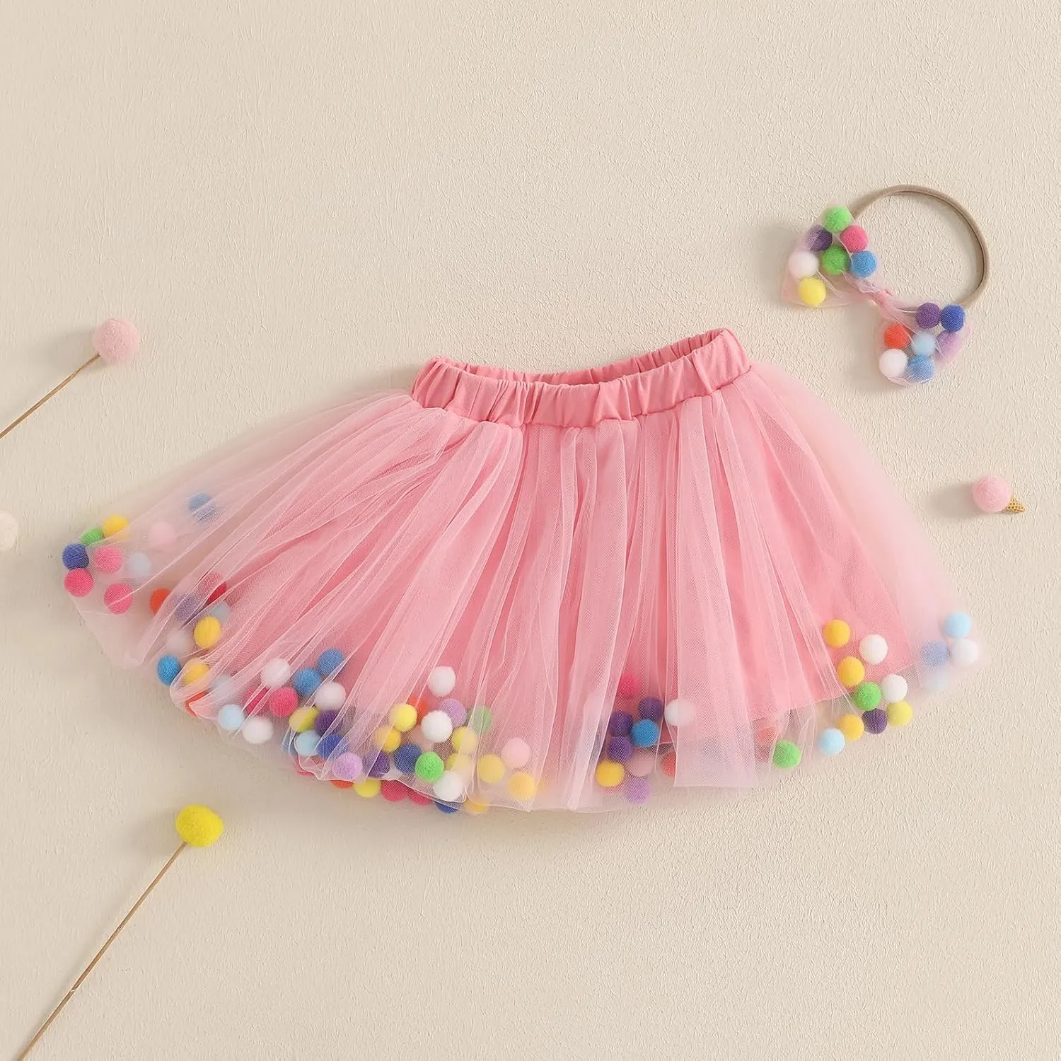 Toddler Girl Tutu Skirt Colorful Floating Pom Poms Tulle Skirts Headband Birthday Tutu Outfit Princess Ballet Dress