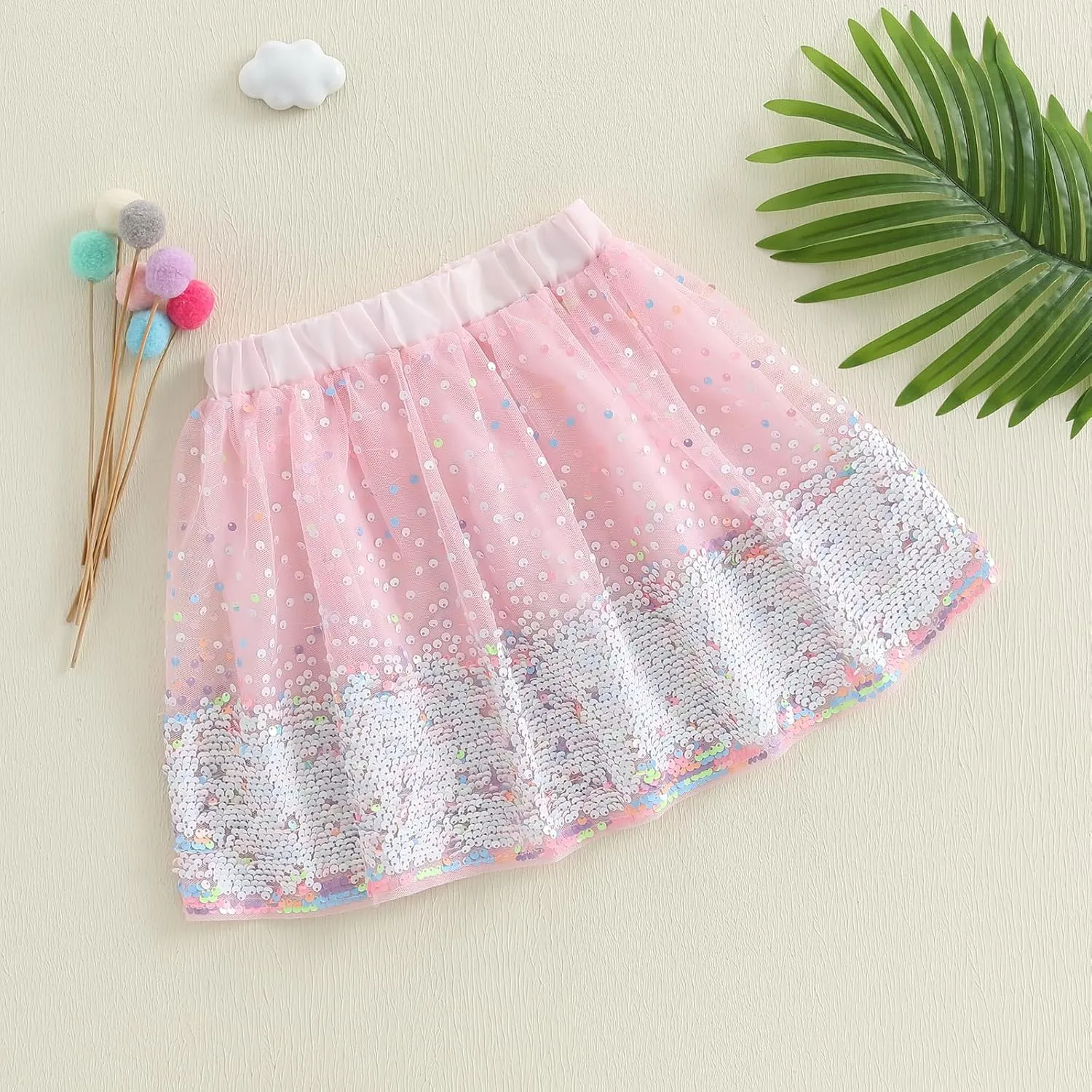 Toddler Girl Tutu Skirt Colorful Floating Pom Poms Tulle Skirts Headband Birthday Tutu Outfit Princess Ballet Dress
