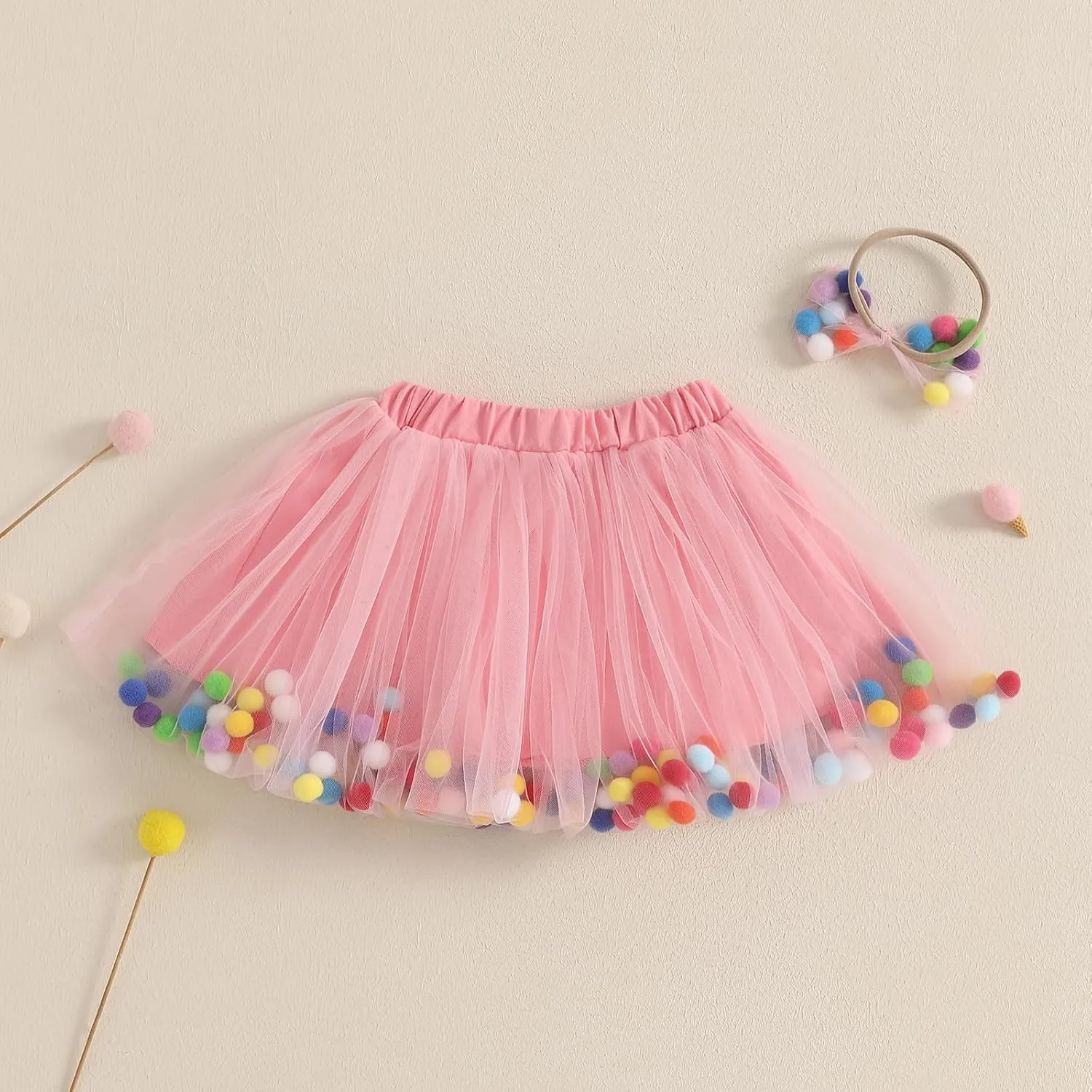 Toddler Girl Tutu Skirt Colorful Floating Pom Poms Tulle Skirts Headband Birthday Tutu Outfit Princess Ballet Dress