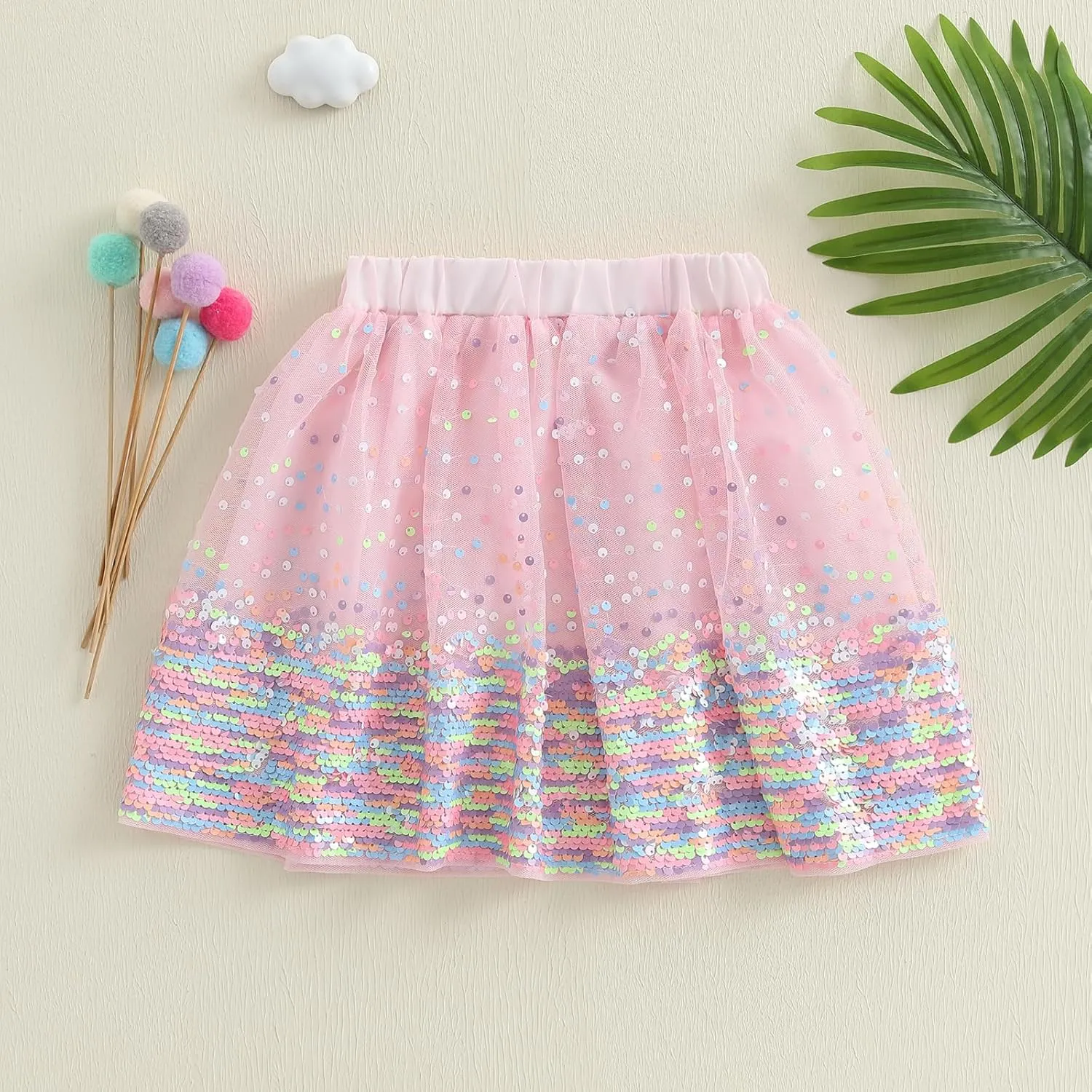 Toddler Girl Tutu Skirt Colorful Floating Pom Poms Tulle Skirts Headband Birthday Tutu Outfit Princess Ballet Dress