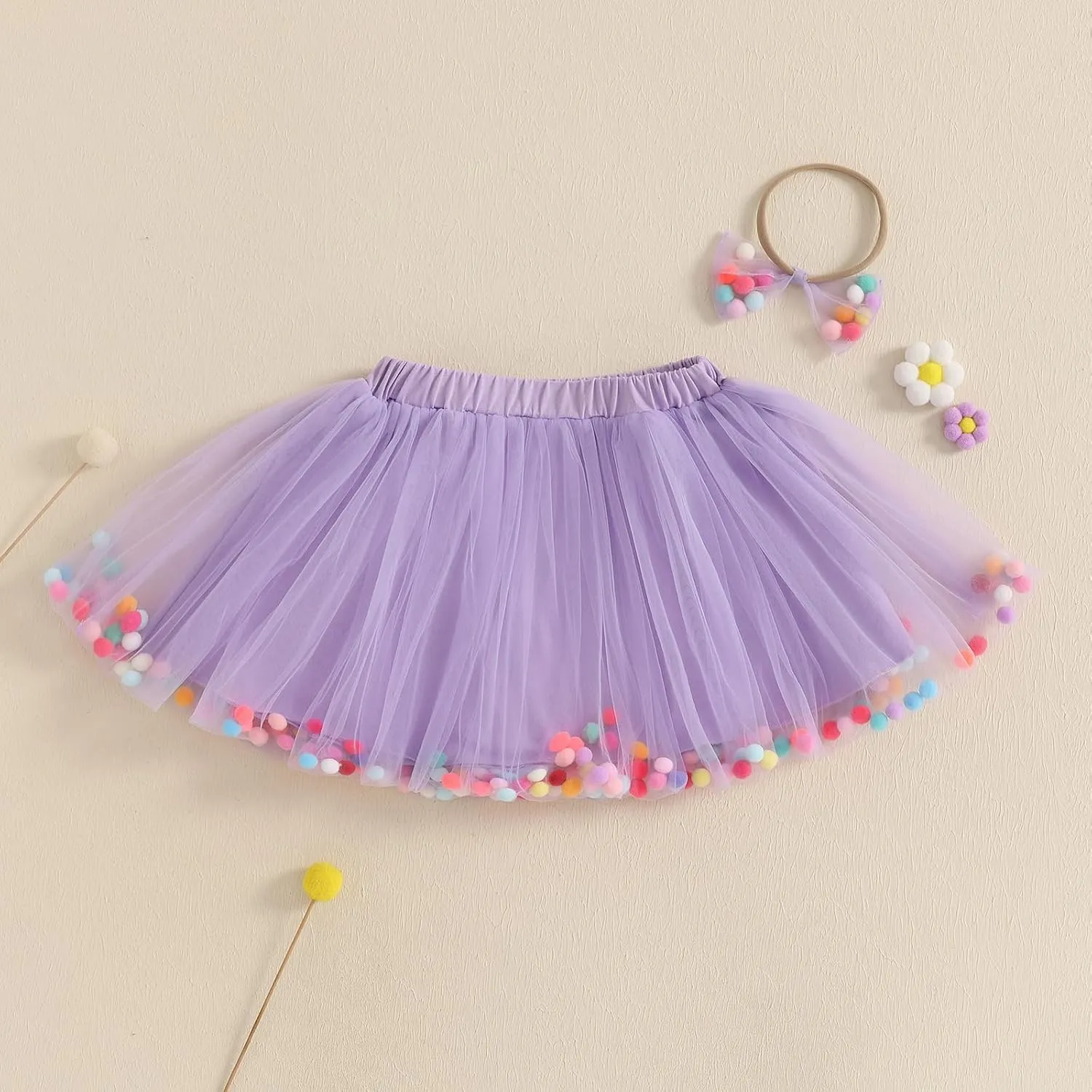 Toddler Girl Tutu Skirt Colorful Floating Pom Poms Tulle Skirts Headband Birthday Tutu Outfit Princess Ballet Dress