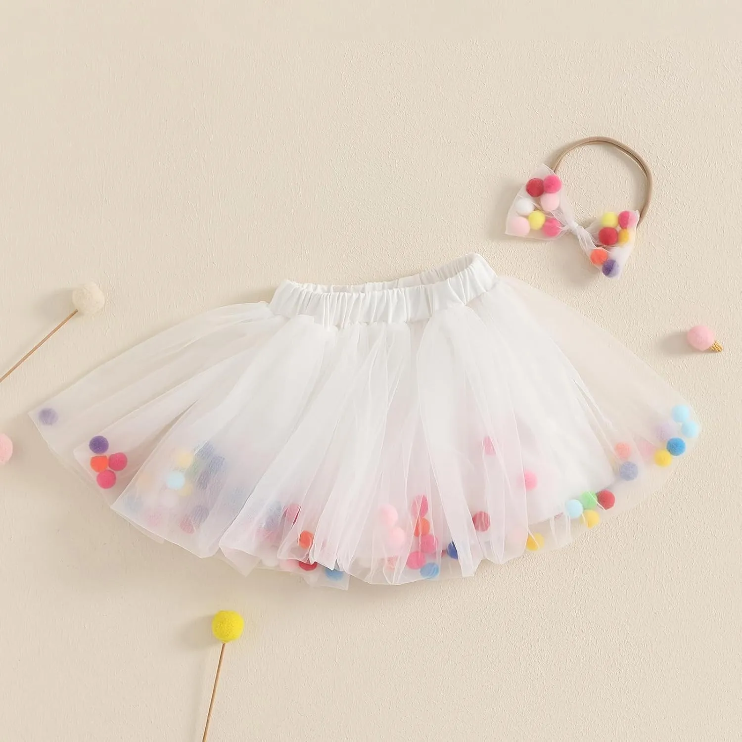 Toddler Girl Tutu Skirt Colorful Floating Pom Poms Tulle Skirts Headband Birthday Tutu Outfit Princess Ballet Dress