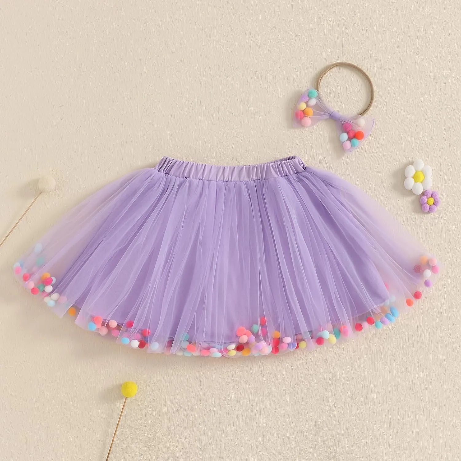 Toddler Girl Tutu Skirt Colorful Floating Pom Poms Tulle Skirts Headband Birthday Tutu Outfit Princess Ballet Dress
