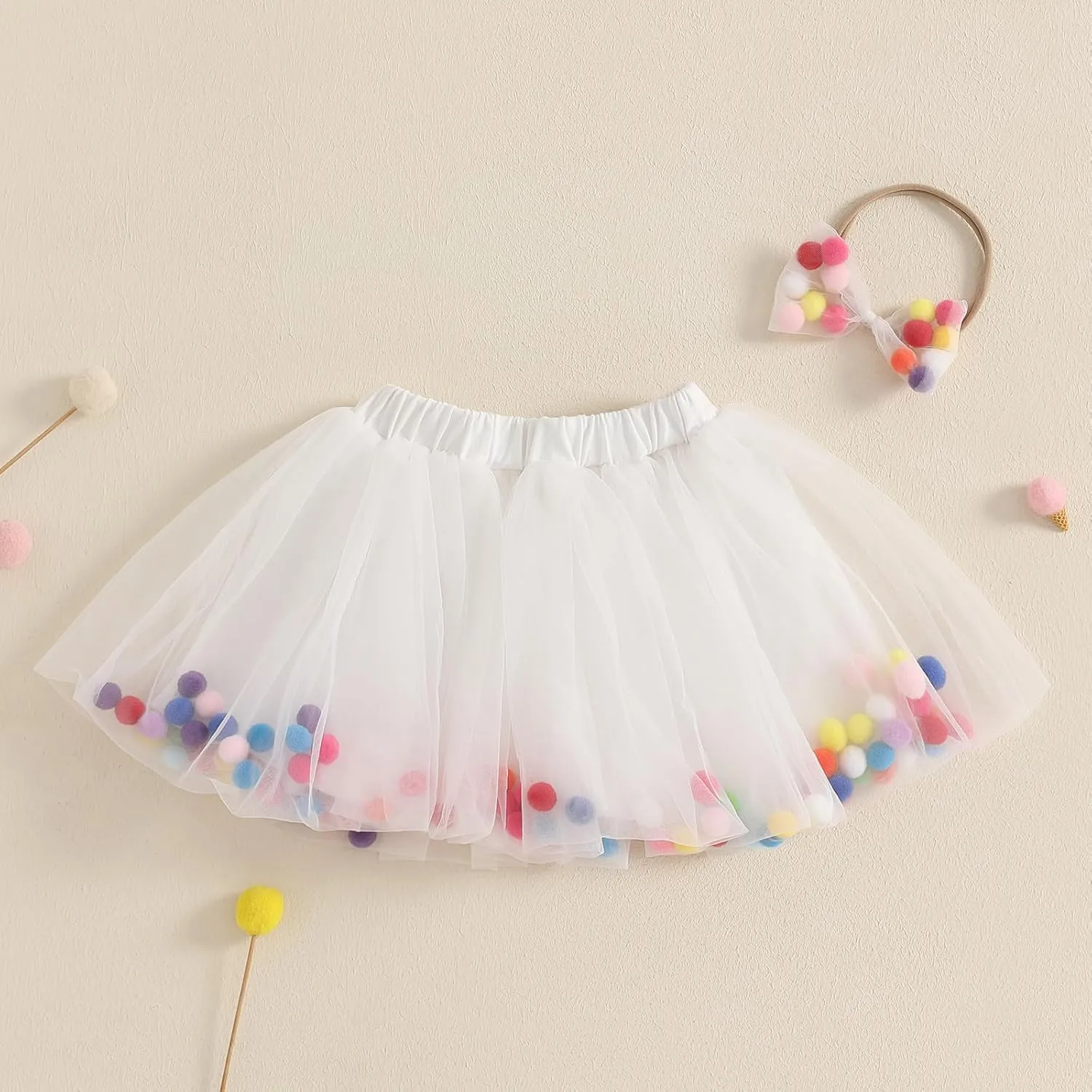 Toddler Girl Tutu Skirt Colorful Floating Pom Poms Tulle Skirts Headband Birthday Tutu Outfit Princess Ballet Dress