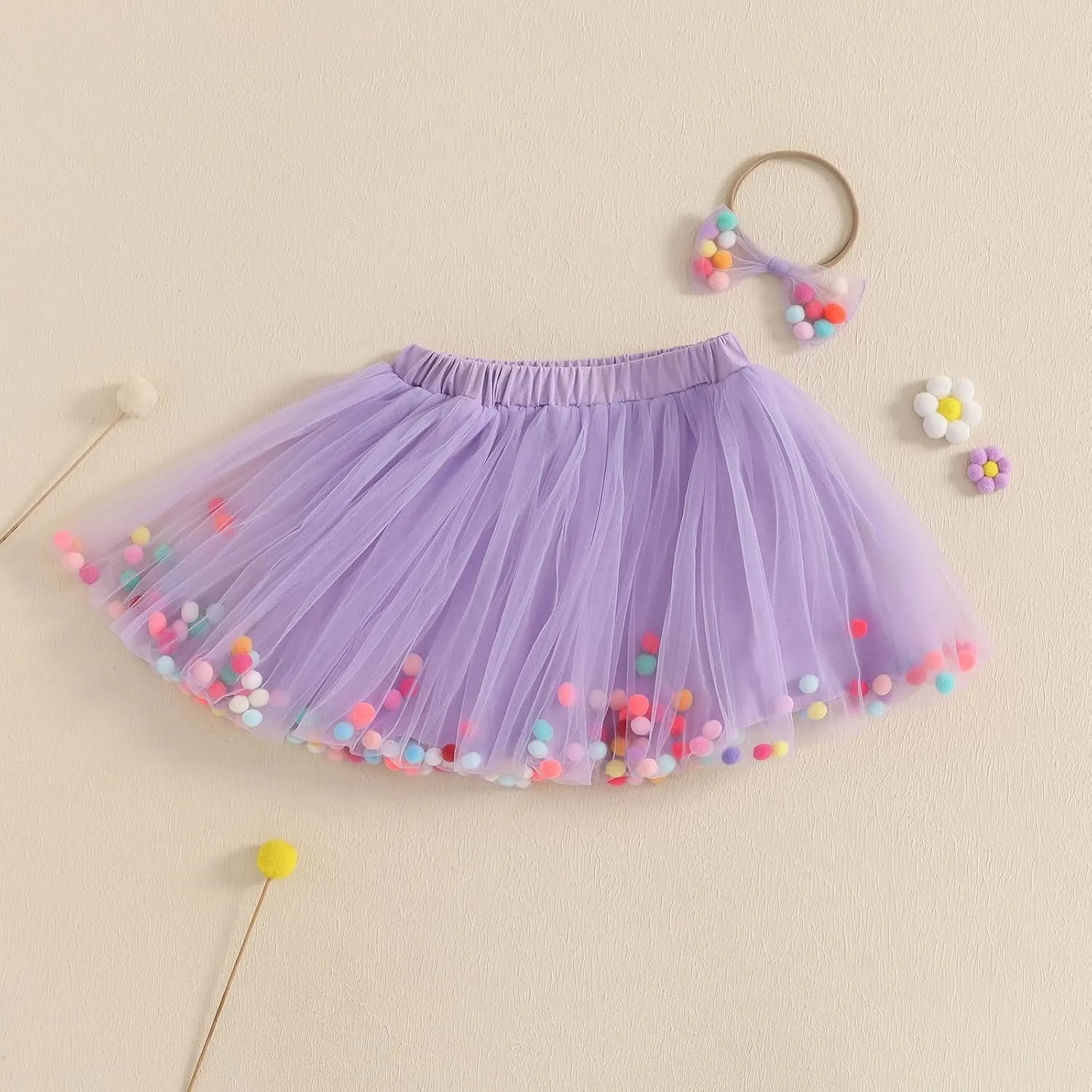 Toddler Girl Tutu Skirt Colorful Floating Pom Poms Tulle Skirts Headband Birthday Tutu Outfit Princess Ballet Dress