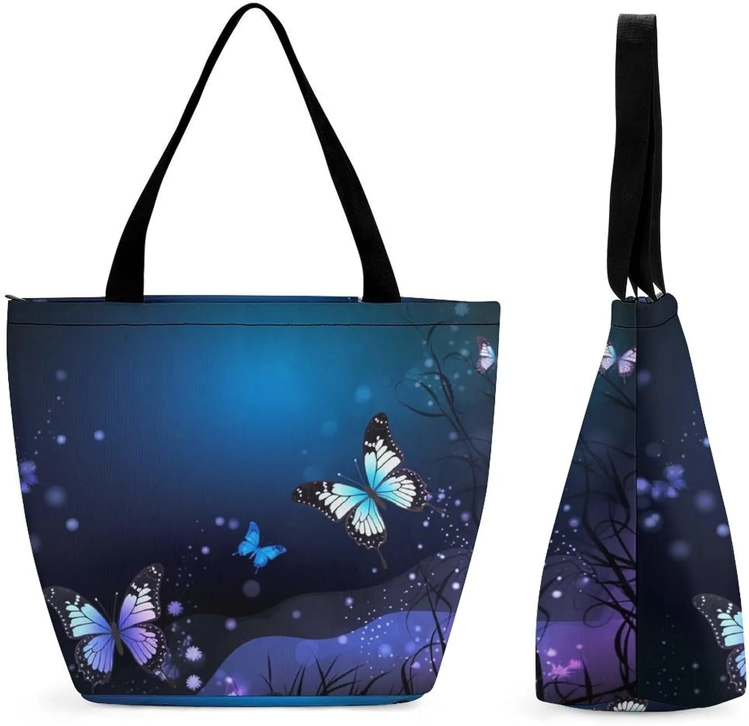 Tote Bags for Women Background with Night Butterflies Versatile Shoulder Bag with Zipper Large Capacity Handbag Beach Bag Reusable Grocery Bag for Shopping Travel Commuting