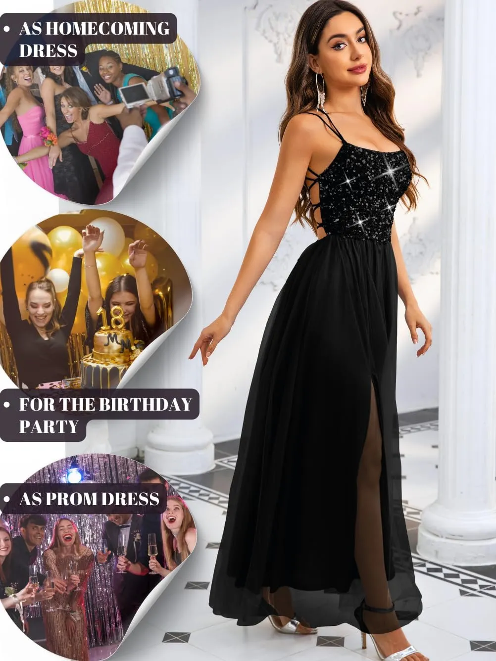 Tulle Prom Dress with Slit,Sequin Backless Long Flowy Dresses for Women,Sexy Sparkly Outfits Homecoming Wedding