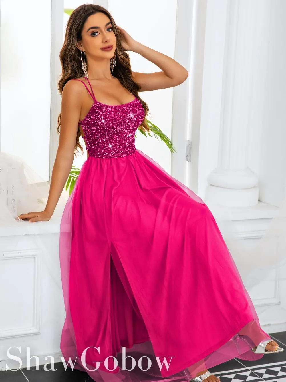 Tulle Prom Dress with Slit,Sequin Backless Long Flowy Dresses for Women,Sexy Sparkly Outfits Homecoming Wedding