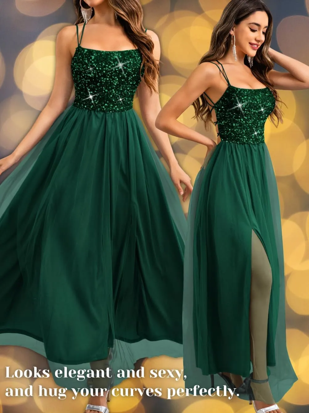 Tulle Prom Dress with Slit,Sequin Backless Long Flowy Dresses for Women,Sexy Sparkly Outfits Homecoming Wedding