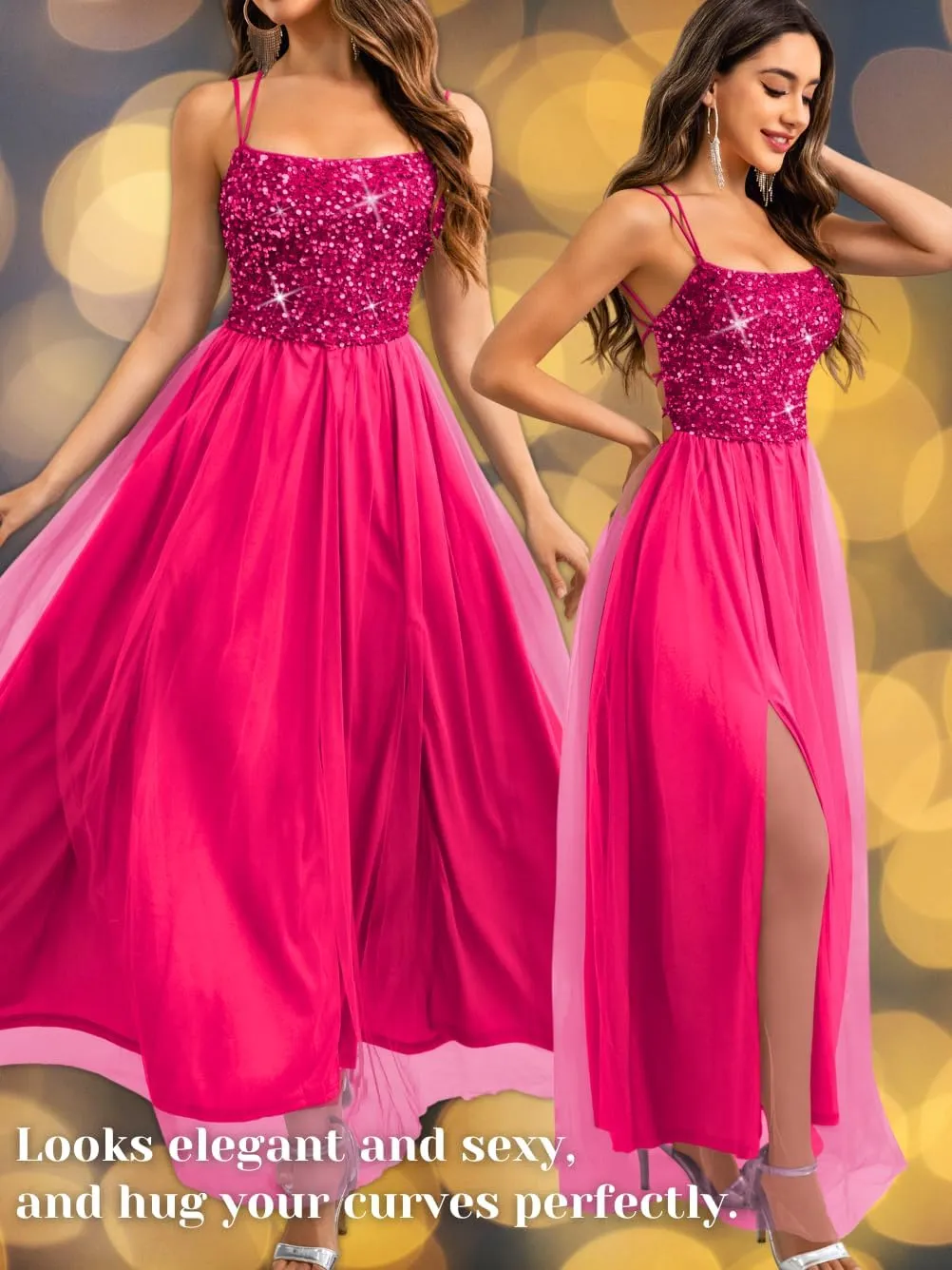 Tulle Prom Dress with Slit,Sequin Backless Long Flowy Dresses for Women,Sexy Sparkly Outfits Homecoming Wedding