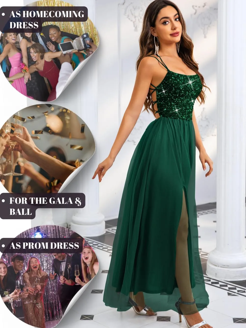 Tulle Prom Dress with Slit,Sequin Backless Long Flowy Dresses for Women,Sexy Sparkly Outfits Homecoming Wedding